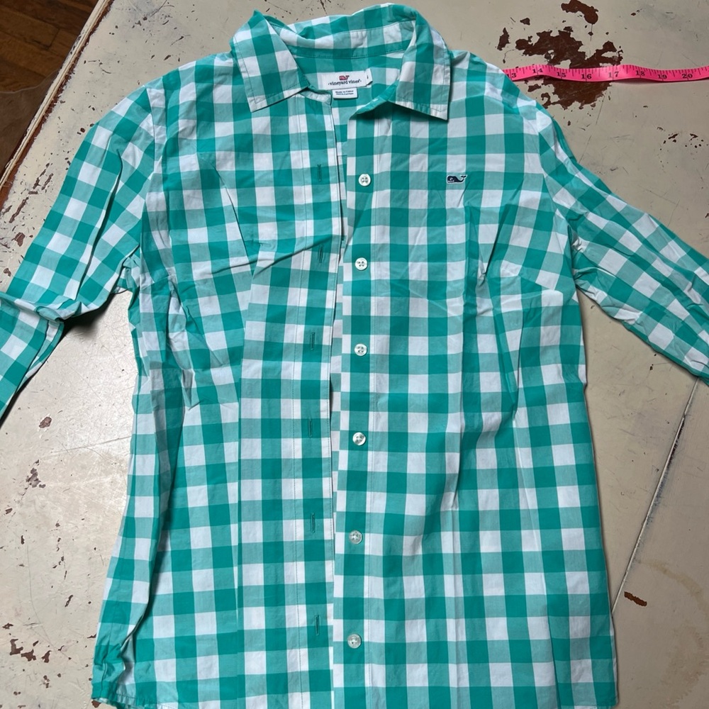 Vineyard Vines Checked Button Up Collar 4 Womens Shirt Green/white 100% Cotton